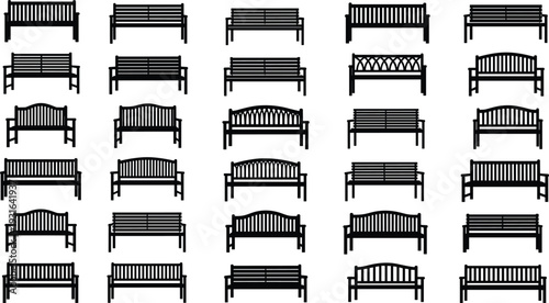 Collection of park bench silhouettes isolated on white background, black vector set of wooden outdoor seating furniture icons for garden and urban design