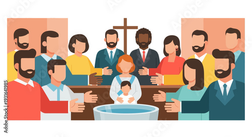 This flat design vector illustration portrays a diverse community joyfully welcoming a newly baptized member, symbolizing acceptance and integration into the church family