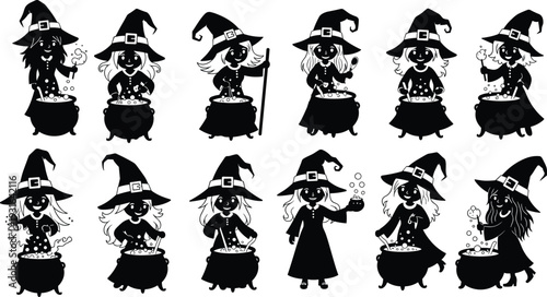 Cartoon witches collection, Halloween cauldron, magical potion, spell casting, fantasy character, bubbling brew, spooky costume, cad drawing flat vector illustration