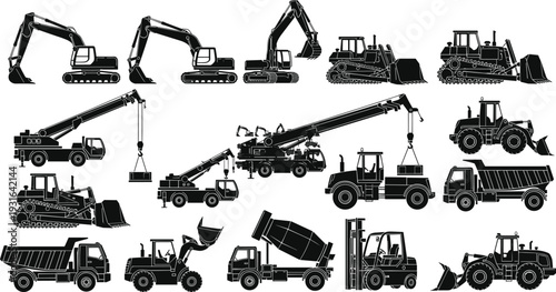 Construction machinery silhouette collection with excavator, bulldozer, crane truck, dump truck and forklift heavy equipment isolated on white background vector set