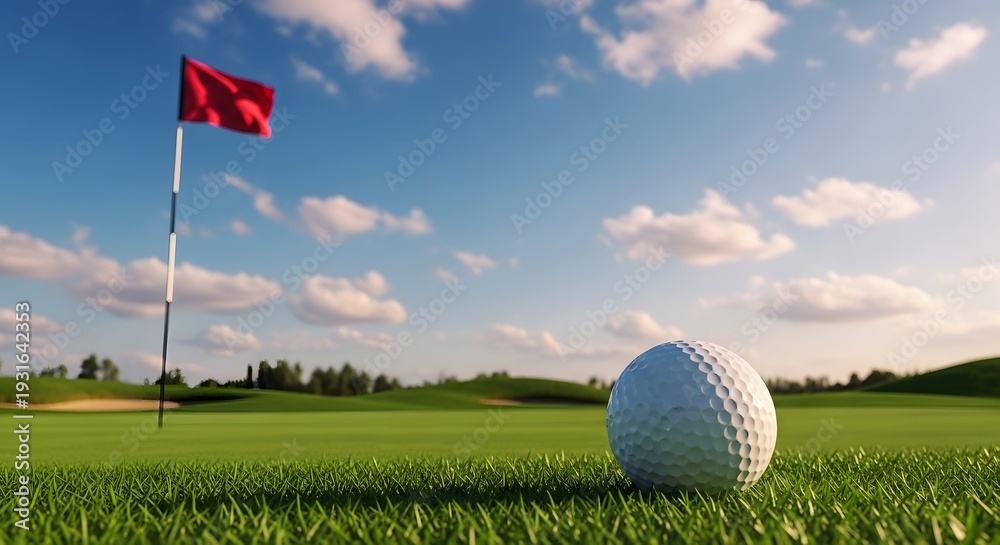 Obraz premium Golf ball on a green course with a red flag in the background