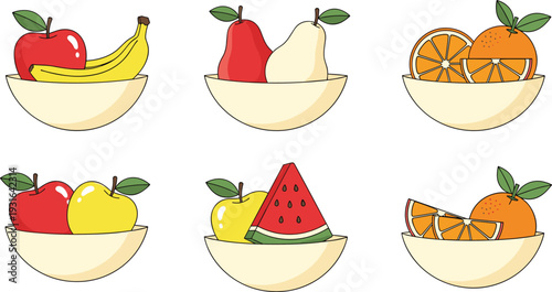 Fresh fruit bowl collection featuring apples, bananas, pears, oranges and watermelon slices isolated on white background, colorful flat vector illustration set