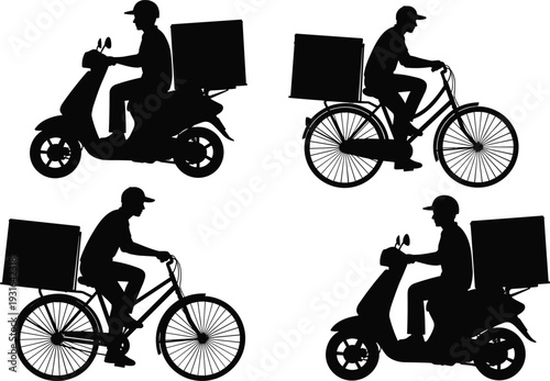 Delivery service silhouettes, bicycle courier, scooter rider, food transport, fast shipping, urban logistics, express parcel, eco transport, courier worker, cad drawing flat vector illustration