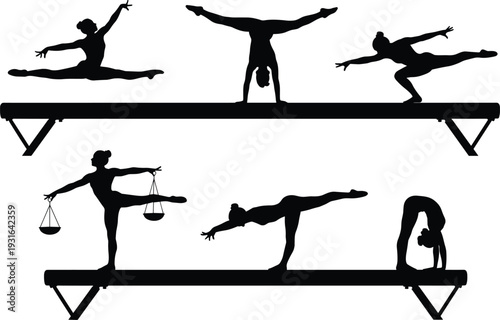 Gymnast balance beam silhouettes, artistic gymnastics vector, athletic performance illustration, justice symbolism design, sport routine poses, cad drawing flat vector illustration