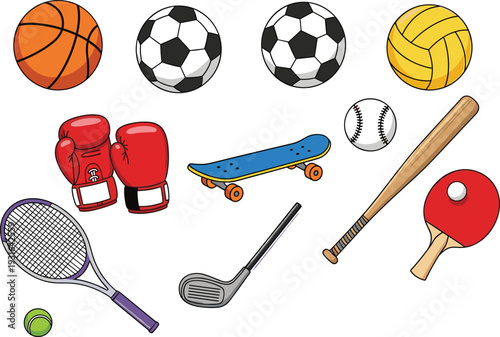 Sports equipment collection, basketball ball, soccer ball, volleyball, boxing gloves, skateboard, baseball bat, tennis racket, golf club, cad drawing flat vector illustration