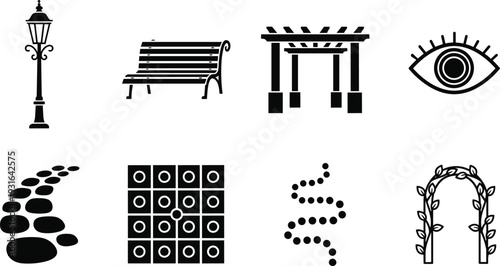 Garden and park element silhouette icon set with bench, lamp post, pergola, arch, pathway stones and decorative landscape symbols isolated on white
