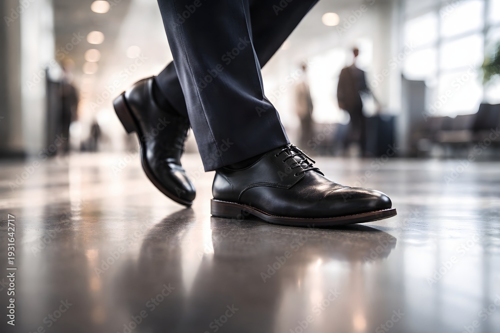 Fototapeta premium Close up of businessman feet in black leather oxford shoes walking on shiny office floor in motion.