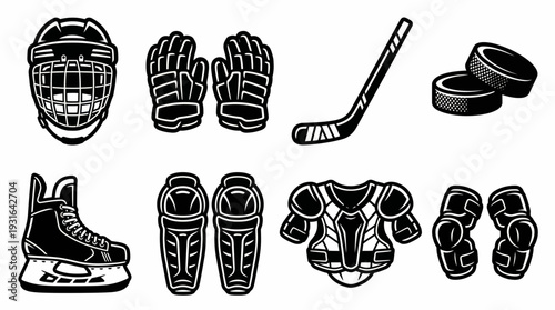 Ice Hockey Equipment Set Black and White Vector Icons