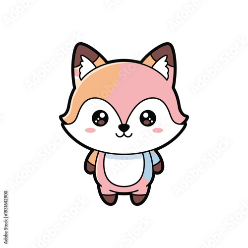 Cute chibi style fox character with pastel orange pink and white fur in overalls