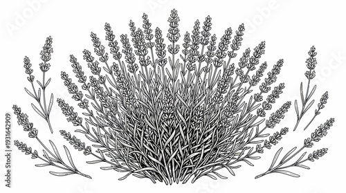 Hand Drawn Lavender Bush and Sprigs Botanical Illustration