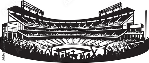 Black and White Illustration of a Baseball Stadium with Spectators