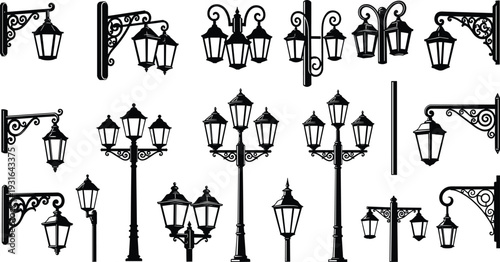 Vintage street lamp silhouettes collection with ornate metal brackets and classic lantern designs isolated on white background, detailed vector illustration set