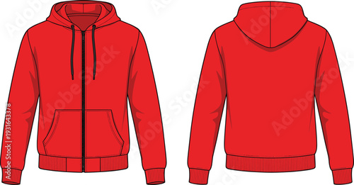 Red zip up hoodie front and back view flat vector illustration, casual sweatshirt apparel fashion technical drawing design
