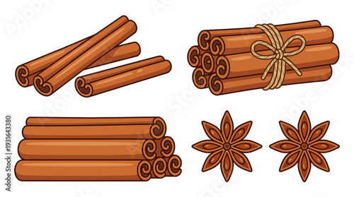 Cinnamon Sticks and Star Anise Spice Vector Illustration Set
