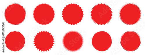  Set of red price sticker, sale or discount sticker, sunburst badges icon. Stars shape with different number of rays. Red starburst promotional badge set, shopping,Special offer price tag