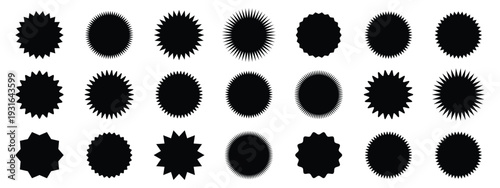 Set of black price sticker, sale or discount sticker, sunburst badges icon. Stars shape with different number of rays. Red starburst promotional badge set, shopping,Special offer price tag