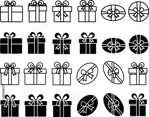 Collection of gift box and bow icons in various styles