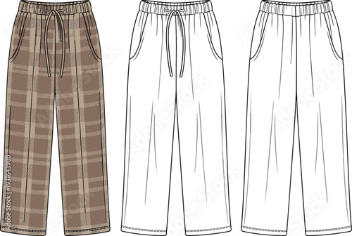 Women wide leg pants plaid and plain styles flat vector illustration, elastic waistband casual trousers fashion technical drawing template
