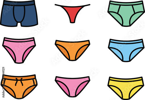 Colorful underwear collection flat vector illustration, men and women briefs panties lingerie set isolated fashion apparel design