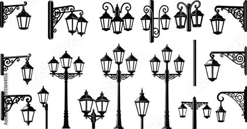 Vintage street lamp silhouette collection with ornate lantern posts and wall mounted lights isolated on white background, decorative urban lighting vector set