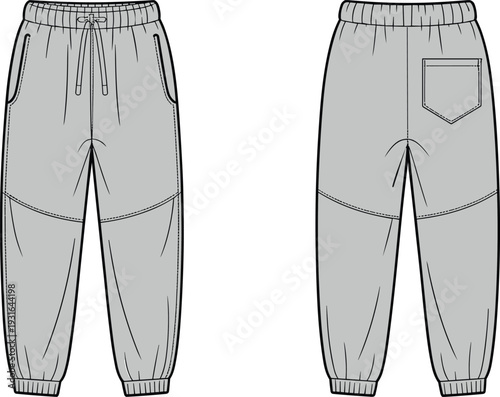 Gray jogger sweatpants flat vector illustration, front and back view casual sportswear apparel template design