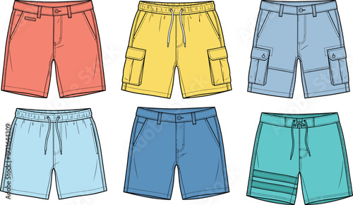 Men shorts collection flat vector illustration, casual cargo drawstring summer beach sportswear apparel design set colorful clothing
