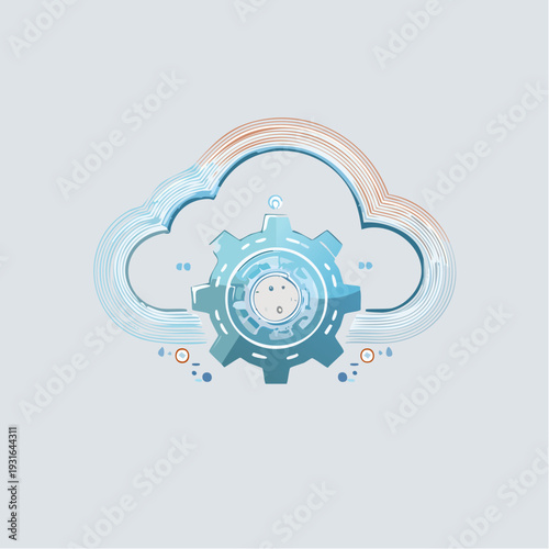 Innovative digital cloud technology concept with a central gear representing data processing and system configuration in a modern network environment