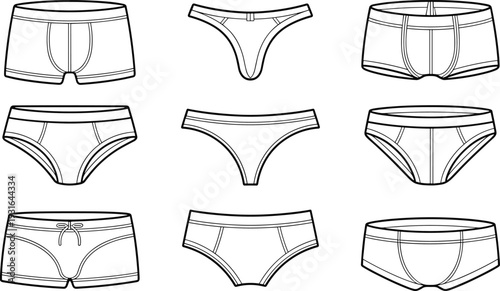 Men underwear technical flat vector illustration set, boxer briefs trunks and briefs fashion design template collection