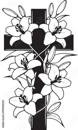 Black and white cross with lilies and floral design