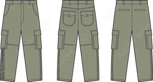Olive cargo pants technical flat vector illustration, front back and side view fashion design template