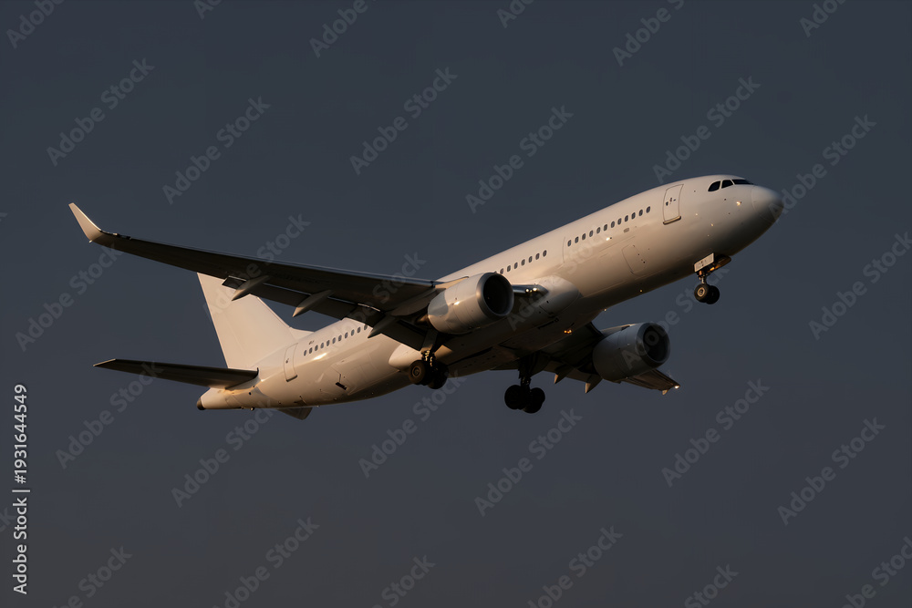 Obraz premium Passenger Airplane in Flight Against Dark Sky with Landing Gear Down during Dusk or Dawn for Travel Tourism and Aviation Industry Concepts
