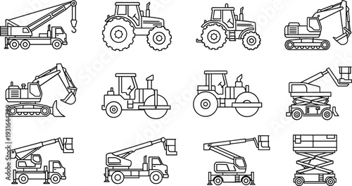 Construction and Heavy Equipment Line Icon Set Featuring Crane Truck, Excavator, Tractor, Road Roller, Dump Truck and Scissor Lift Vehicles