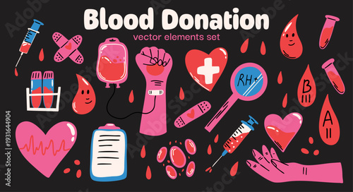 Blood donation vector set. Collection of cute funky cartoon illustration of medical healthcare elements, blood types, donor awareness icons for world blood donor day
