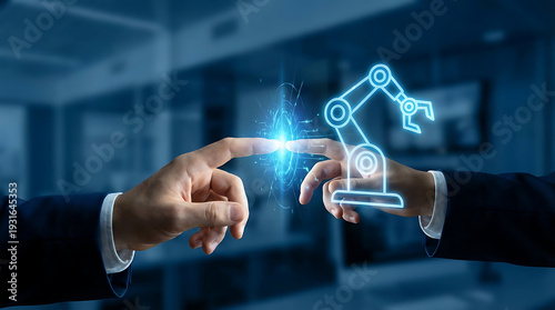 Business professionals collaborating on robotics technology innovation