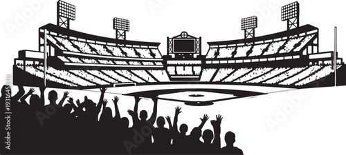Black and white illustration of a lively baseball stadium crowd