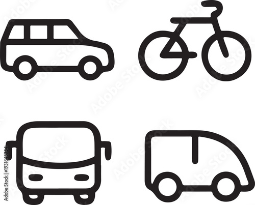 Transportation icons featuring car bicycle bus and van representing various travel modes