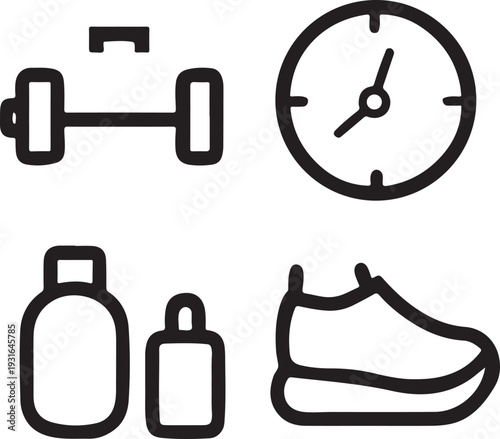 Sports and fitness icons including dumbbell clock water bottle and running shoe