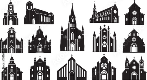 Collection of various church buildings in black and white