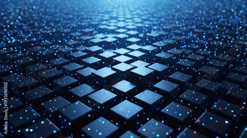 Abstract digital background of glowing blue cubes representing big data network and server technology.