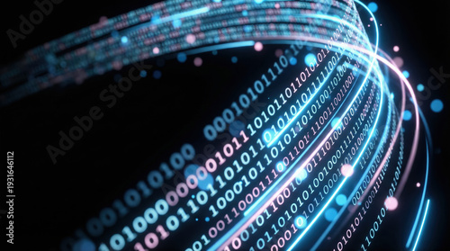 Abstract digital binary code flowing through a network representing high speed data transfer and cyber security.