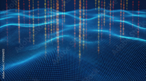 Abstract digital background with binary code falling over a blue glowing data wave.