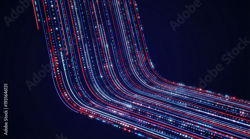 Abstract digital data stream representing high speed fiber optic network and global technology connectivity.