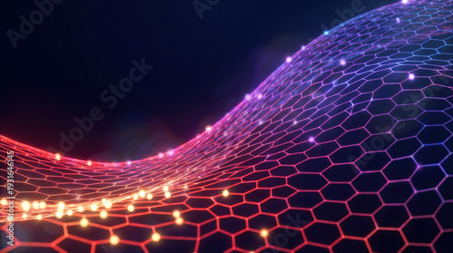 Abstract digital network background with glowing hexagonal mesh and data connection points.