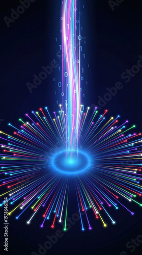 Abstract digital data stream with binary code and glowing fiber optic connections representing high speed internet transfer.
