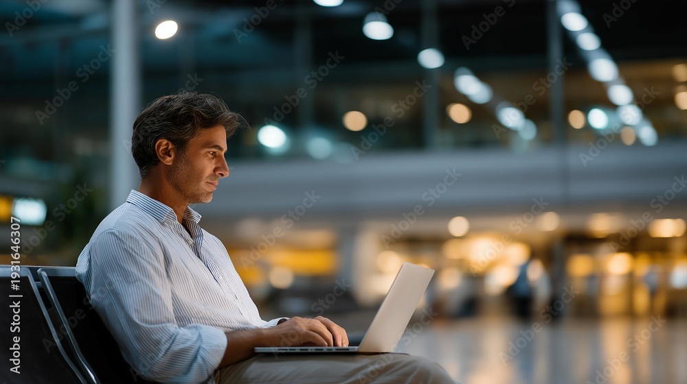 custom made wallpaper toronto digitalTraveler updating world travel blog on laptop in a bustling airport terminal between international flights, perfect for nonstop travel lifestyle, travel blogging culture, global nomad, continuous