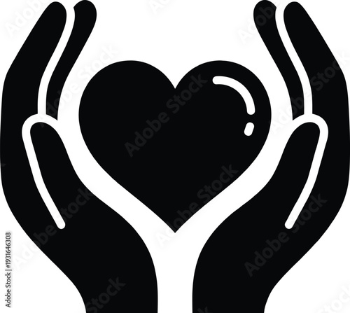 Black and white icon of hands holding heart symbolizing compassion, love, care, protection, support, charity, emotional well-being, healthcare, and humanitarian kindness illustration design