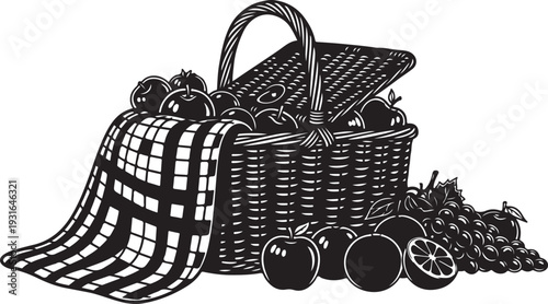 Picnic basket with apples and checkered blanket illustration