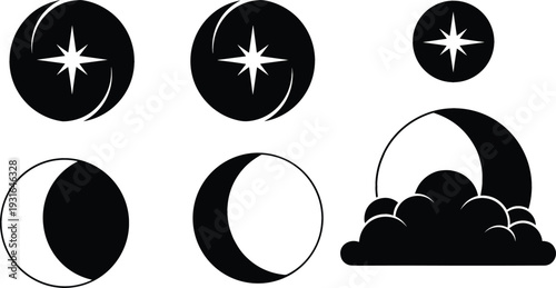 Moon Phases and Night Sky Icon Set Featuring Crescent, Half Moon, Full Moon, Star and Cloud Silhouettes in Black Vector Style