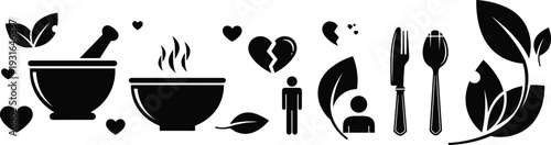 Natural health icons, herbal medicine, nutrition, wellness, emotional care, holistic lifestyle, dining, organic, leaves, hearts, food, creat