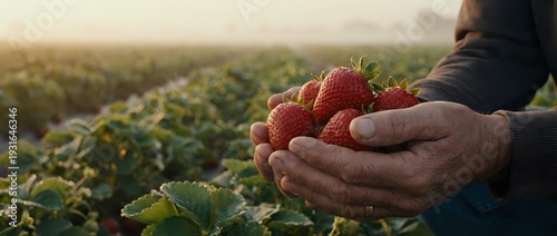 Fresh ripe strawberries in farmer hands at sunset in agricultural field. Organic berry harvest concept for healthy eating and sustainable farming.